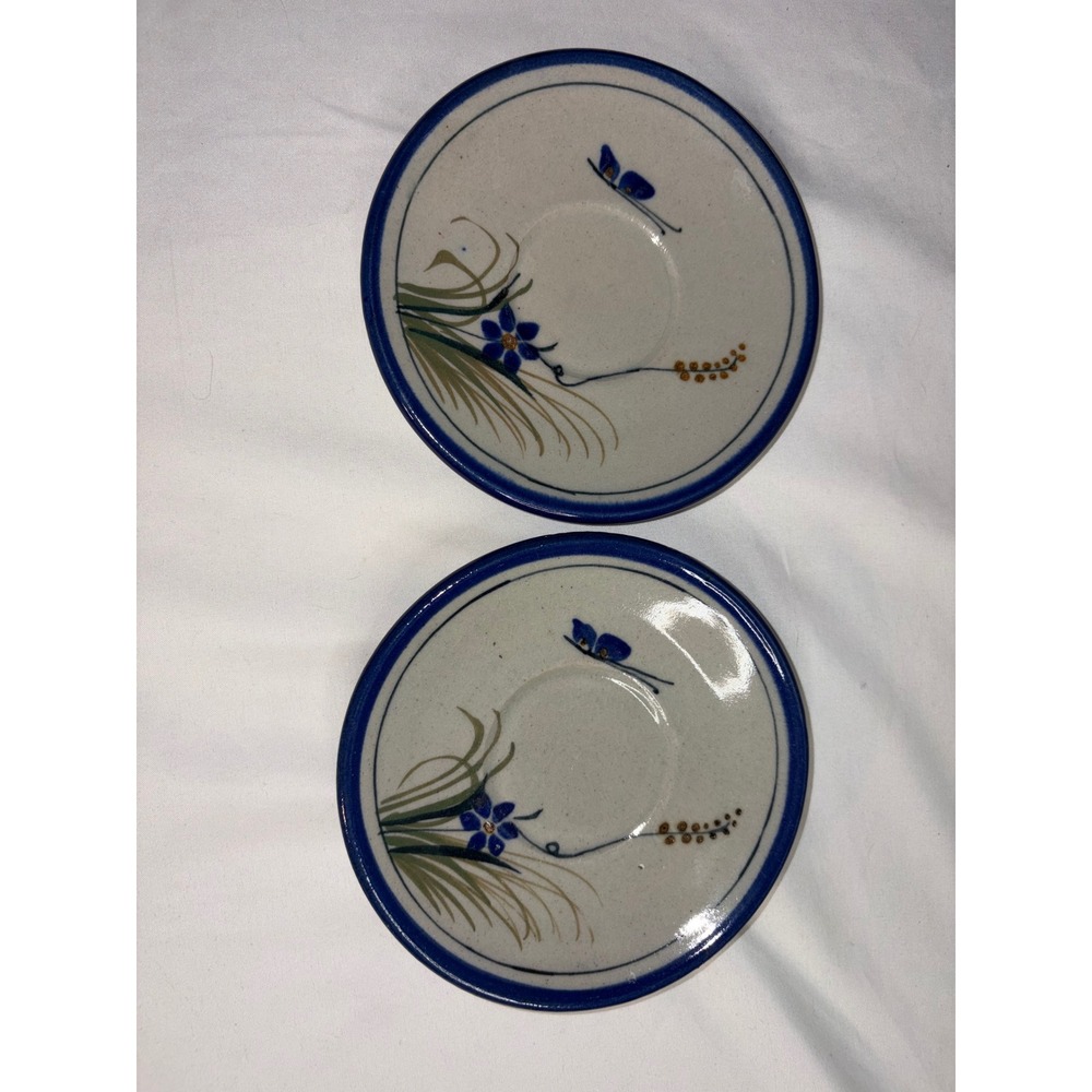 Ken Edwards Tonala Mexico Stoneware Saucers Set of 2 Blue Butterfly Floral Bird